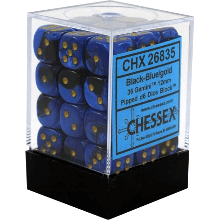 Chessex Dice Gemini Black-Blue and Gold - Set of 36 D6 (CHX 26835) For Sale